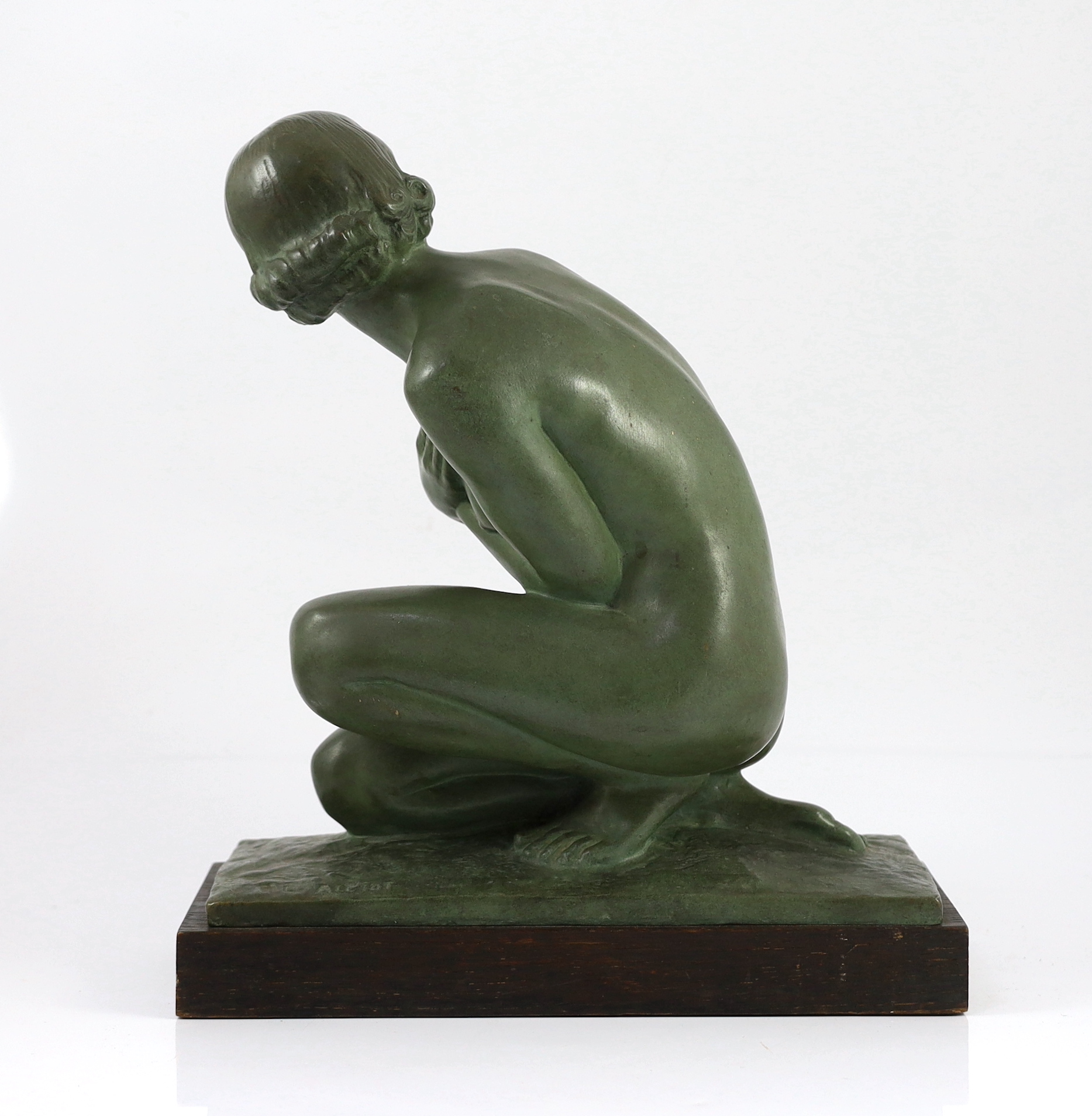 Lucien Charles Edouard Alliot, (French, 1877-1967). An Art Deco bronze figure of a kneeling maiden, 33cm wide, 14cm deep, 39cm high